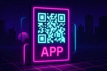 Poster with app QR code and neon accents