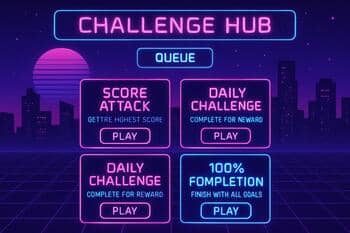 Challenge hub queue UI with neon tiles