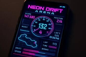 Companion app HUD mock with neon widgets