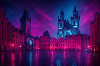 Prague square with magenta haze above roofs