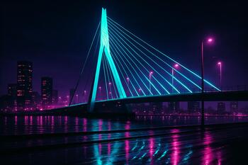 Rotterdam bridge with cyan cables at night
