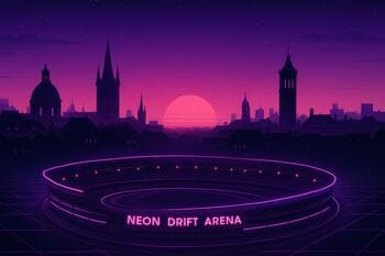 Arena skyline with neon grid at dusk