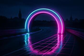 Neon entry gate glowing above the racing lane