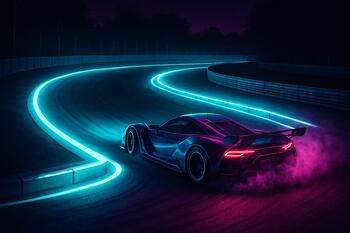 Tight chicane lit by cyan neons