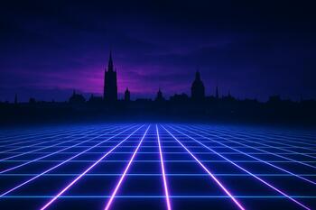 City skyline behind a neon grid horizon