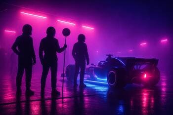 Crew silhouettes in magenta haze near pit wall