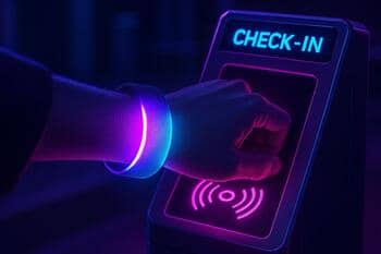 Neon wristband close-up at check-in