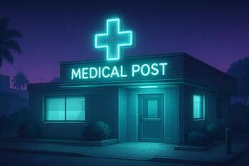 Medical post with clear neon signage
