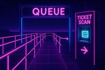 Queue with magenta rails and ticket scan