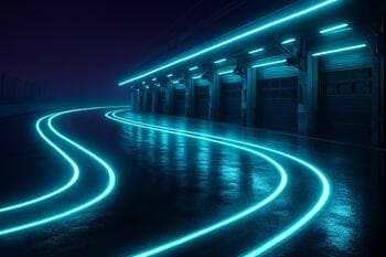 Pit lane under cyan glow