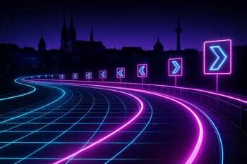 City skyline hop with neon grid horizon